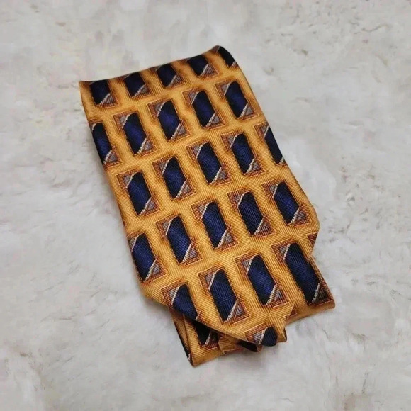 Oscar de la Renta Vintage Silk Tie Geometric Print Retro Navy Orange - Picture 1 of 5